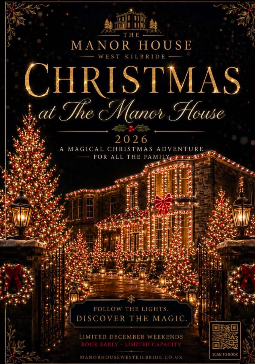 Promotional poster for 'The Manor House West Kilbride Christmas at The Manor House 2026', featuring a grand stone mansion decorated with warm golden Christmas lights, festive trees, and red bows on a dark night sky.