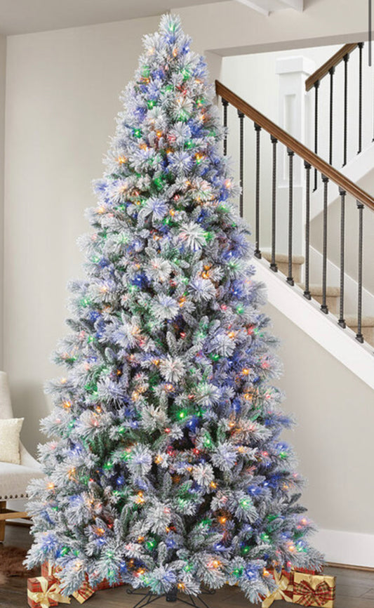 9ft (2.7m) Pre-Lit Flocked & Glitter Artificial Christmas Tree with 850 Colour Changing LED Lights