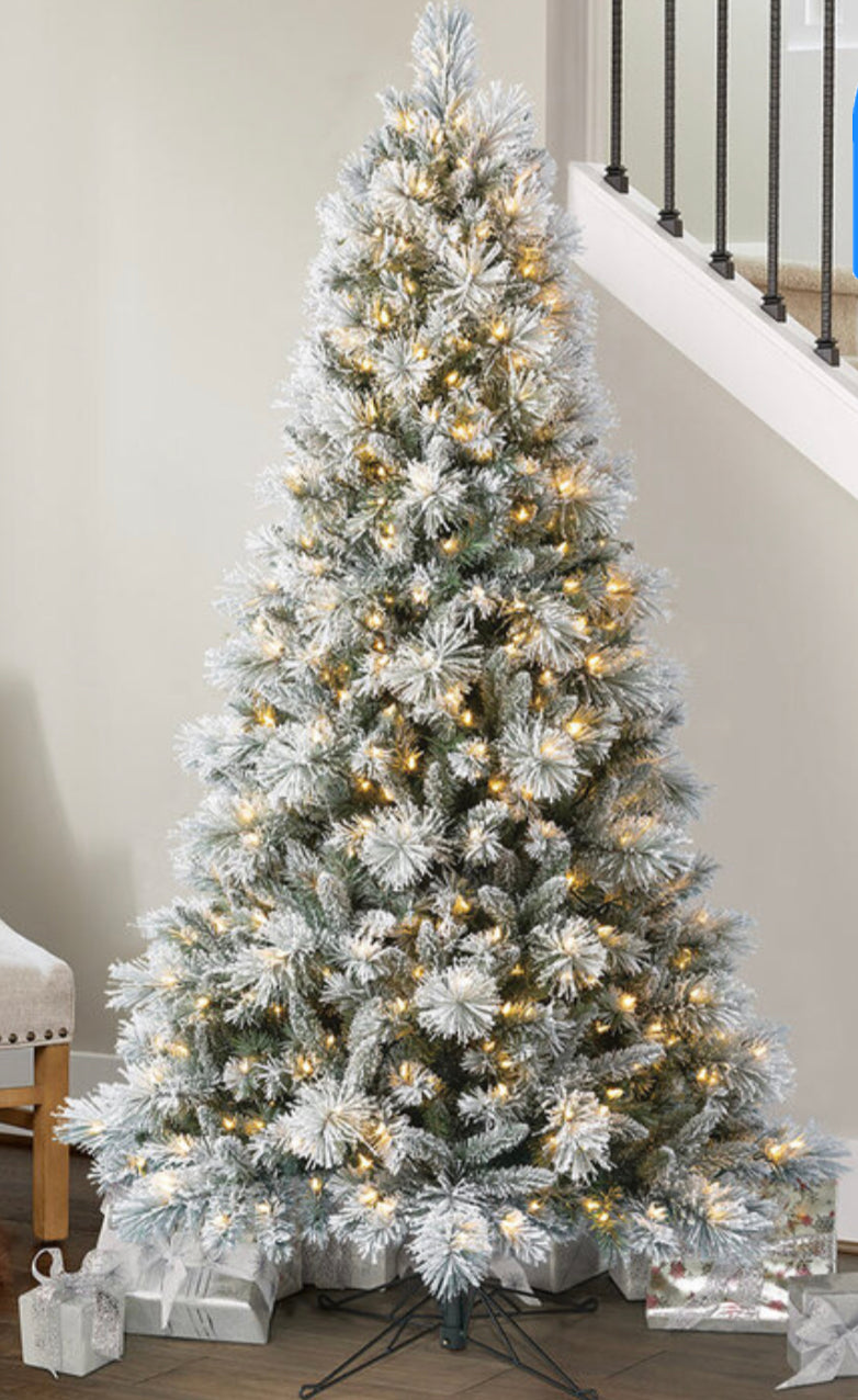 7ft 6 Inches (2.2m) Pre-Lit Flocked & Glitter Artificial Christmas Tree with 600 Colour Changing LED Lights